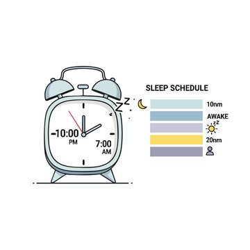Alarm clock with schedule indicating 10pm bedtime & 7am wake time