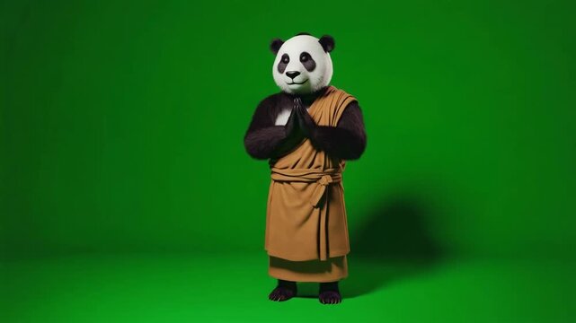 3d Panda Monk in Brown Robe on Green Screen Background Stock Video Footage