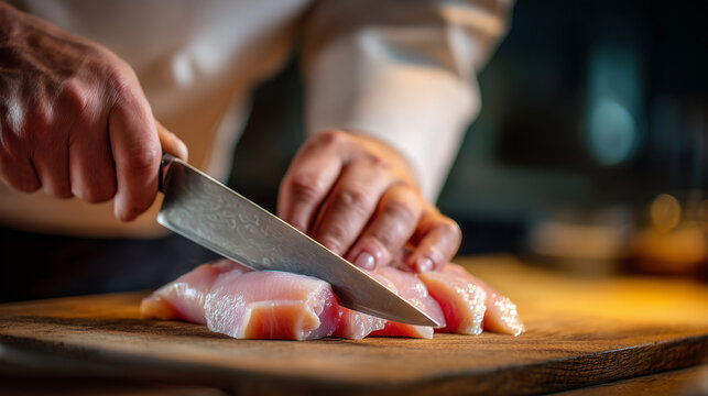 Close up of a chef slicing raw chicken on a wooden board, showing precision cutting, fresh ingredients, and food preparation in a warm kitchen setting.