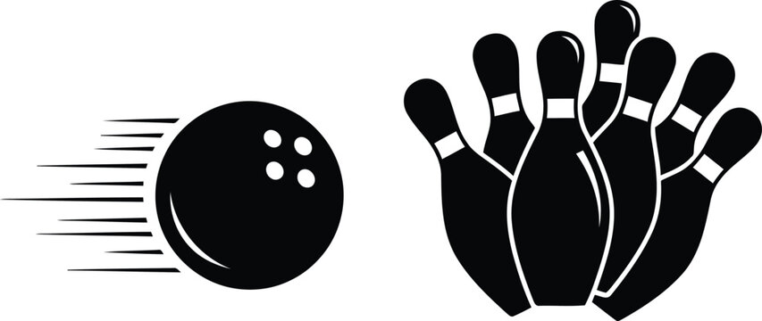 Bowling ball moving fast towards a set of bowling pins in a minimalist black and white icon