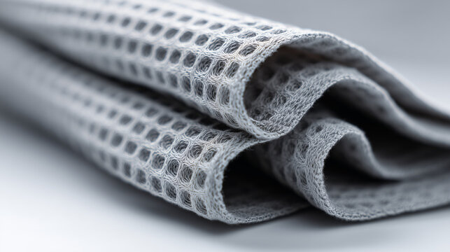 Close up of folded gray waffle texture microfiber cloth showing soft absorbent fabric detail, clean minimal background, ideal for cleaning and household concepts.