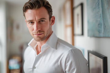 Naklejka premium Portrait of young professional man in white dress shirt in indoor setting