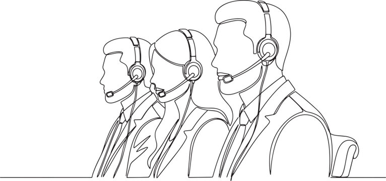 Continuous line art of professional call center agents wearing headsets providing customer support and telemarketing services hand drawn vector illustration