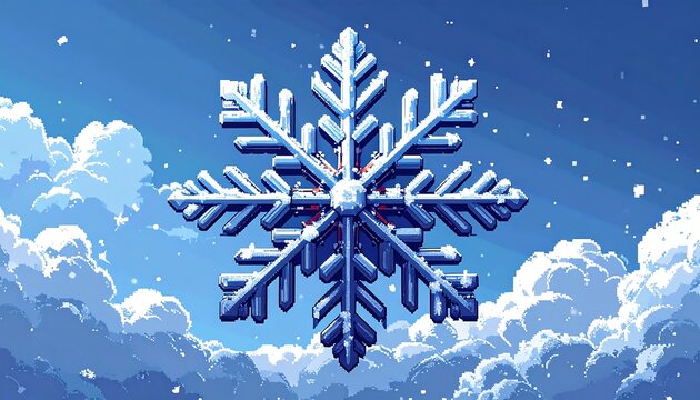 Pixelated snowflake floating mid-air, surrounded by fluffy clouds and a light blue sky. A wintery aesthetic