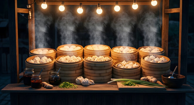Freshly steamed bamboo baskets of dumplings in warm dim sum restaurant lighting