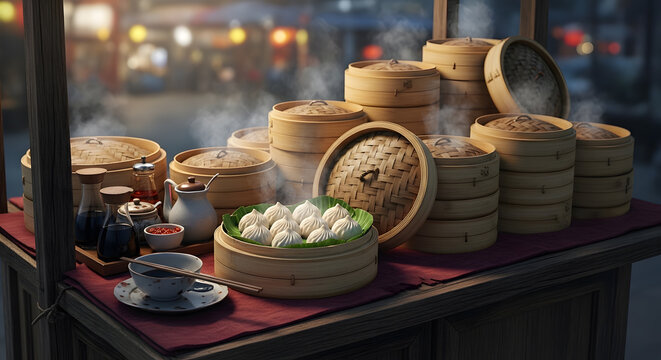 Steaming bamboo baskets of dumplings in dim sum restaurant with warm lighting