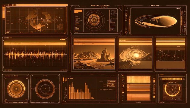 A futuristic interface with various screens and graphics