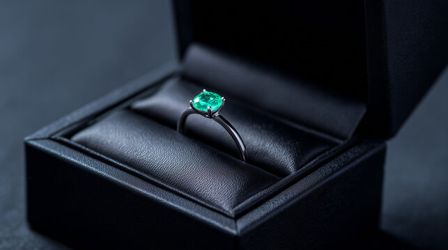 Elegant emerald gemstone ring in black box with dramatic lighting, showcasing luxury jewelry, refined design, and premium presentation.