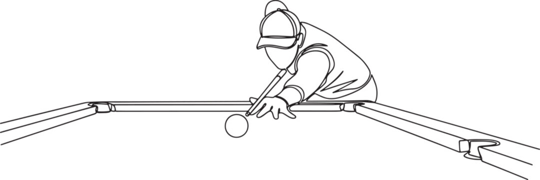 Continuous Line Billiards Player Aiming Cue Ball on Pool Table Minimalist Sports Theme Sketch Hand Drawn Vector Illustration