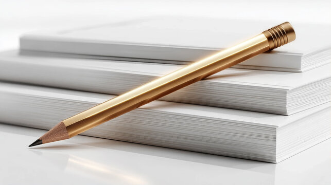 Elegant golden pencil lying on top of a stack of blank white paper on a clean background