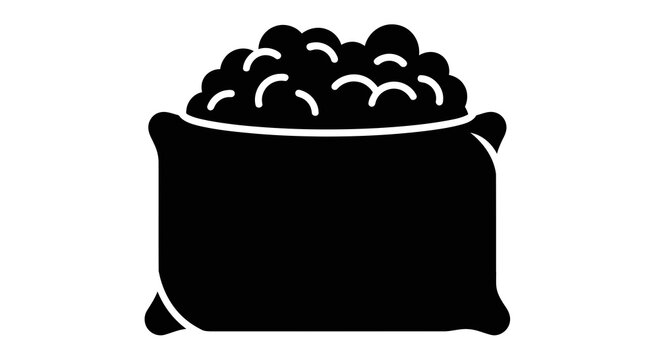 A black pot filled with round objects on a white background.