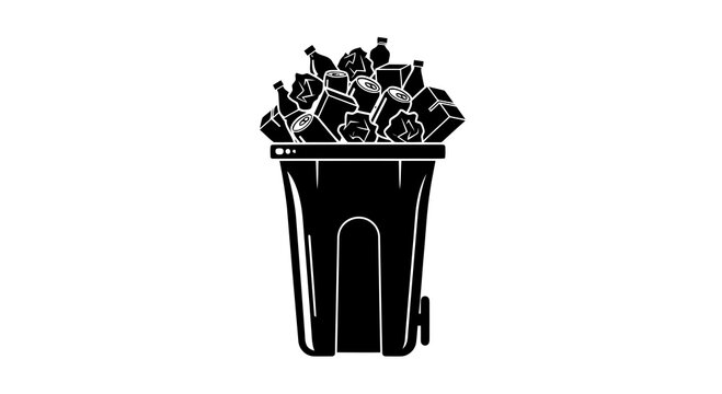 A black trash can overflowing with various types of waste and debris.