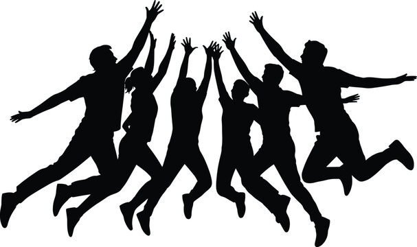 black silhouettes, people jumping, raised hands, group, celebration, joy, white background, silhouette, jumping, happy, teamwork, unity, Black silhouettes of people jumping with raised hands in unison