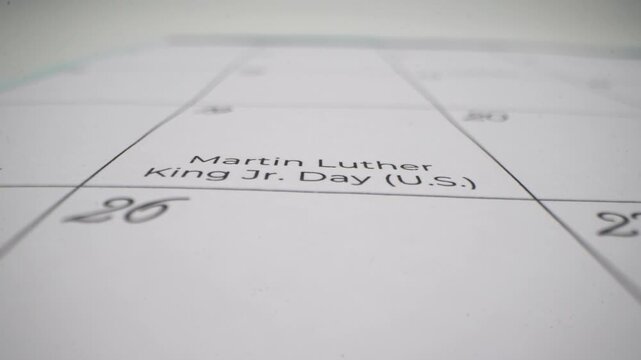 Close up of calendar showing Martin Luther King Jr Day.