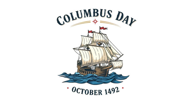 Columbus Day Sailing Ship Illustration Vintage Style.