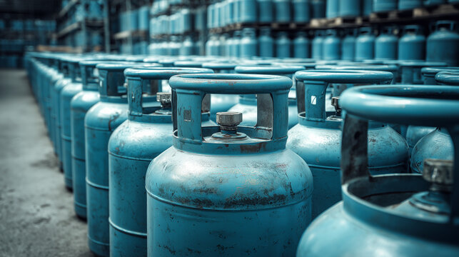 Rows of blue LPG gas cylinders arranged in an industrial setting, showcasing fuel storage, distribution, and energy infrastructure in a structured pattern.