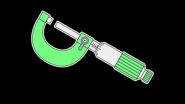 Seamless looping 4K video overlay of a green micrometer moving up and down on alpha channel background; precise measurement instrument for engineering and industrial video production