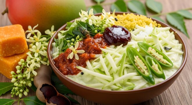 Traditional Ugadi Pachadi in Bowl with Raw Mango, Neem Flowers, Jaggery, and Tamarind for Telugu New Year