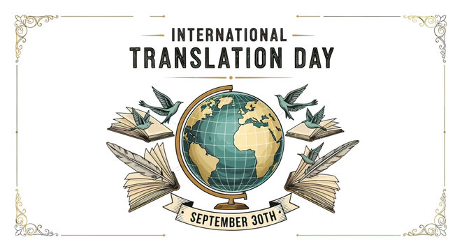 International Translation Day Poster with Globe and Books.