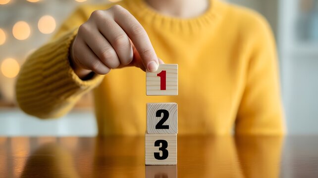 Person carefully placing a wooden block with number one on a stack of two and three blocks symbolizing priorit