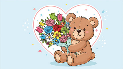 Fototapeta premium Cute brown teddy bear holding colorful bouquet of flowers heart