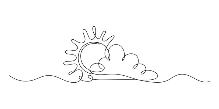 Continuous one line drawing of a cloud and sun isolated, Cloud single line art, continuous one line drawing of Isolated outline vector icon. Editable stroke