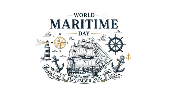 Vintage Maritime Day Illustration with Ship and Symbols.