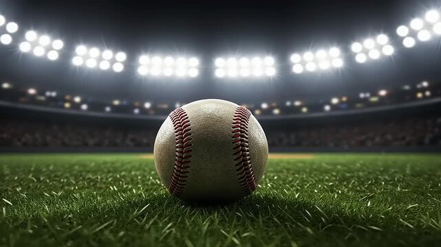 Baseball on the field in a stadium with bright lights and a crowd.