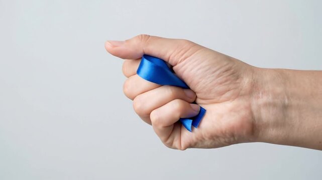 Hand tightly gripping blue awareness ribbon. Symbol of support, hope, determination for important causes.