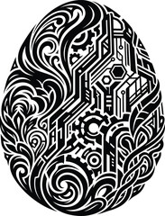 Fototapeta premium Striking non-representational egg drawing, merging intricate organic scrollwork with intricate mechanical gears and electronic circuitry patterns, a proficient theory rendering.