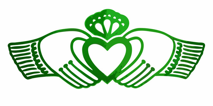 Green claddagh symbol featuring interconnected hearts and hands design