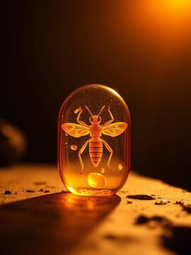 Amber inclusion, trapped prehistoric insect, glowing from within,  abstract,  natural history