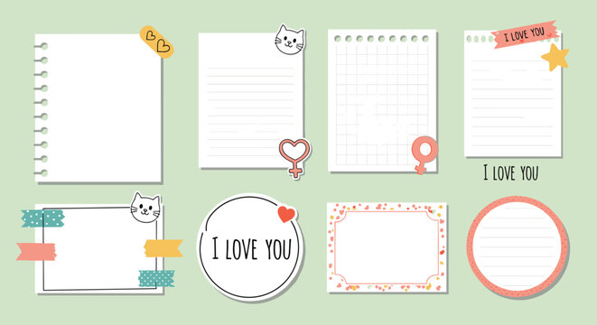 Collection of cute decorative paper notes and frames with stickers of cats and hearts for journaling or scrapbooking.