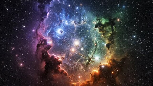 The stars and gas swirl around a nebula at night in space.