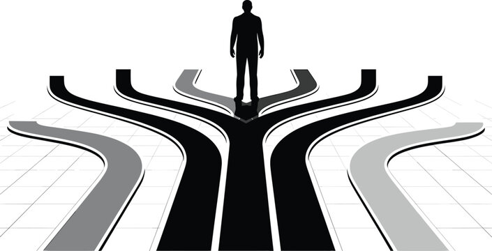 man, silhouette, standing, diverging roads, black, gray, white background, grid floor, multiple paths, decision, choices, direction, diverging Man standing on diverging black and gray roads silhouette
