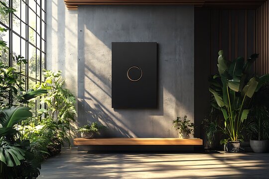 Modern interior with plants and a black canvas on a concrete wall