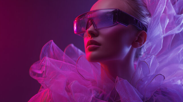 Futuristic portrait of a woman wearing visor glasses in neon pink and purple lighting, surrounded by translucent fabric, cyberpunk fashion and modern aesthetic.