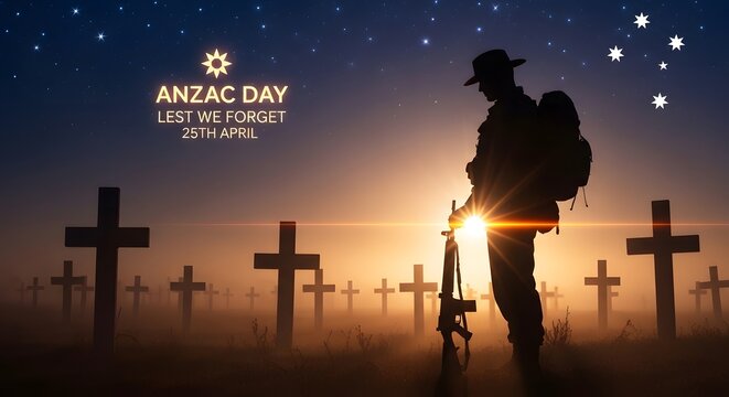 Anzac day tribute with silhouette of soldier