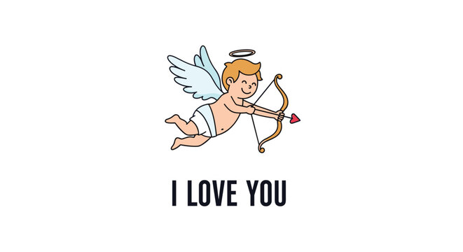 Cute cupid character flying through the air with a bow and heart tipped arrow next to the message I love you.