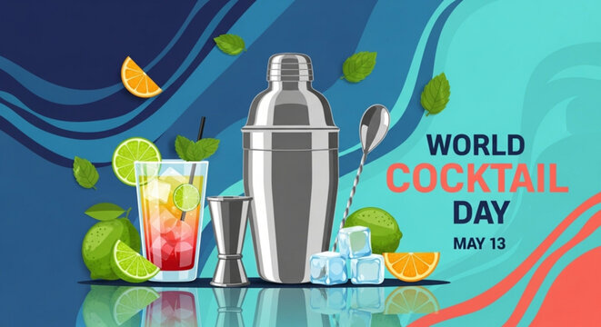 World cocktail day celebration with colorful drink and mixology tools on blue background