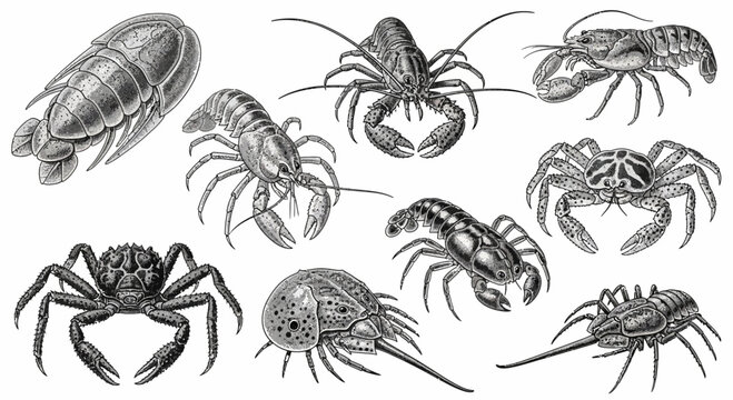 Vintage Illustration Set of Various Crustaceans and Marine Arthropods