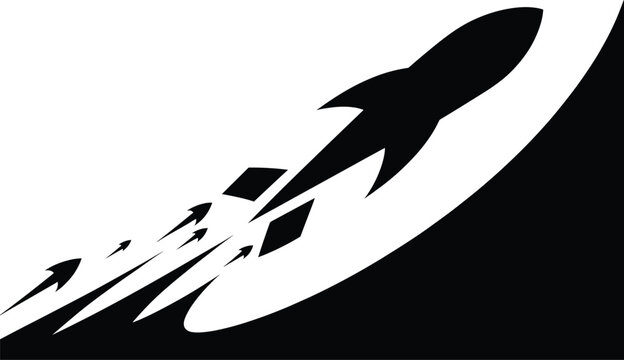 Black silhouette of a rocket ship blasting off with trail of arrows rocket, rocket ship, blast off, launch, arrows, trail, silhouette, black, white, space, speed, motion, abstract, symbol, ship, blast