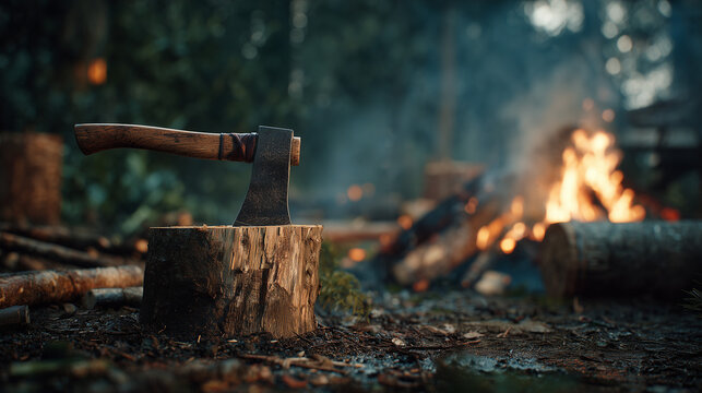 Rustic axe on tree stump near campfire in forest, outdoor survival scene, wood cutting tool with worn texture and warm firelight atmosphere.