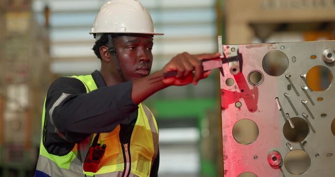 Factory technician uses a vernier caliper to measure a metal component during dimensional inspection in a manufacturing facility, showing quality control, tolerance checks, and process verification.
