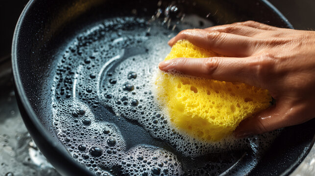 Hand scrubbing frying pan with sponge and soap, kitchen cleaning routine, hygiene concept, removing grease with water and foam in home setting.