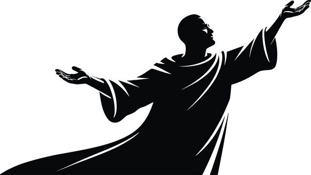 Black silhouette of man in robe with arms outstretched black silhouette, man, robe, arms outstretched, white background, dramatic pose, gesturing, isolated, monochromatic, religious, spiritual, worshi