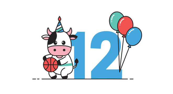 Basketball Cow Celebrating Birthday with Balloons