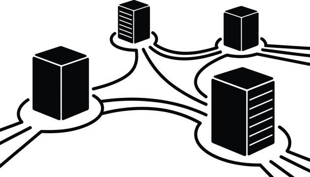 Black and white of four connected server towers connection server, tower, connection, network, black and white, technology, data, communication, servers, towers, lines, connections, diagram, flowchart