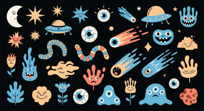 Collection of quirky hand drawn space and monster doodles including eyeballs ufo stars and aliens on black.