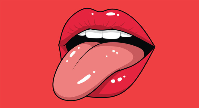 Close-up illustration of an open mouth with red lips and a tongue sticking out against a solid red background.